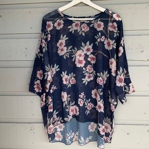 FLORAL SEMI SHEER BLOUSE/TUNIC OVERSIZED TOP WITH DOLMAN SLEEVES